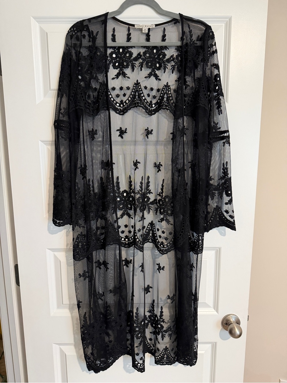 Haute Monde Black Sheer Embroidered Long Sleeve Kimono